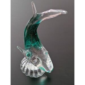 Glass Art Murano Style Dolphin Fish Statue Hand Blown Green Tint ~ 9.5" Vintage